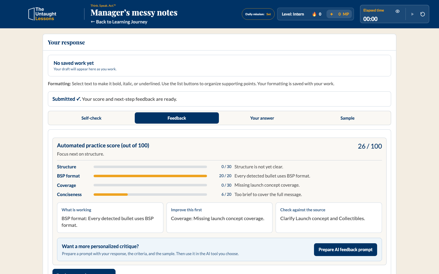 Submitted exercise showing a score and specific feedback on structure, content and conciseness