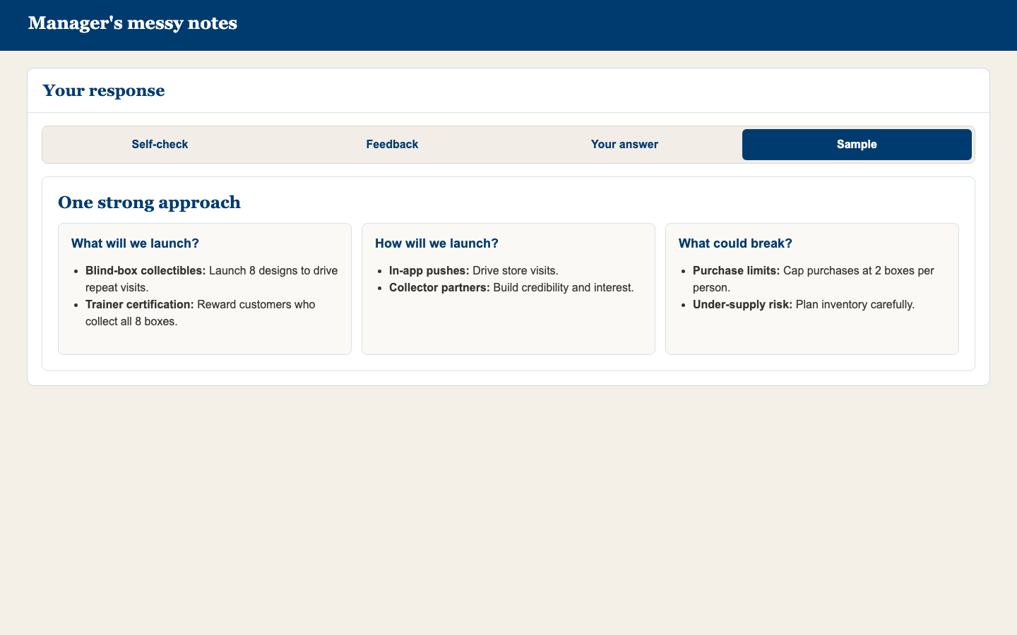 Submitted exercise showing a sample answer organized into three sections
