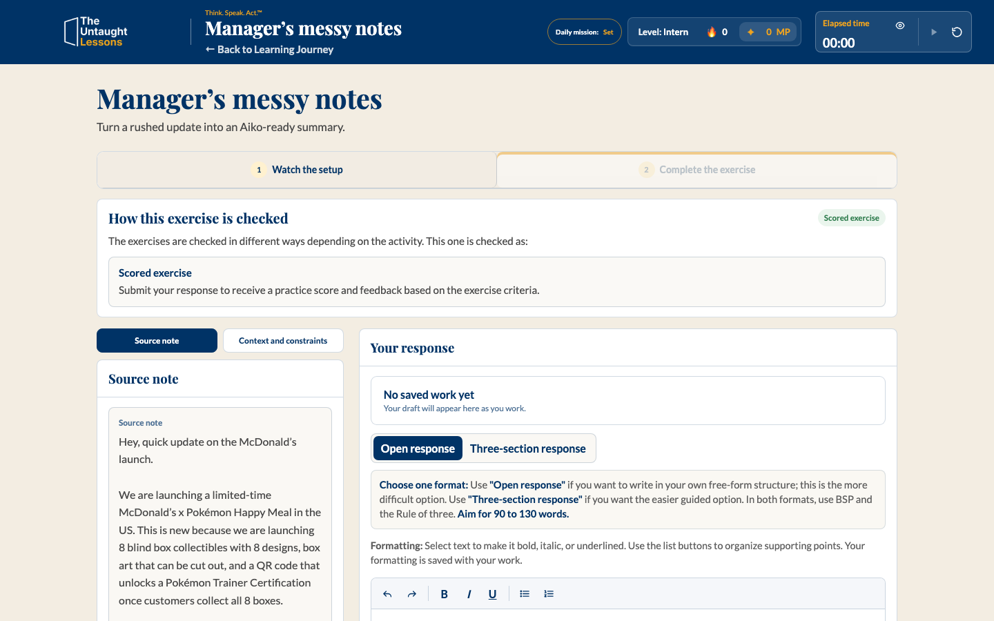 Manager's messy notes exercise with private source text blurred and a structured response area