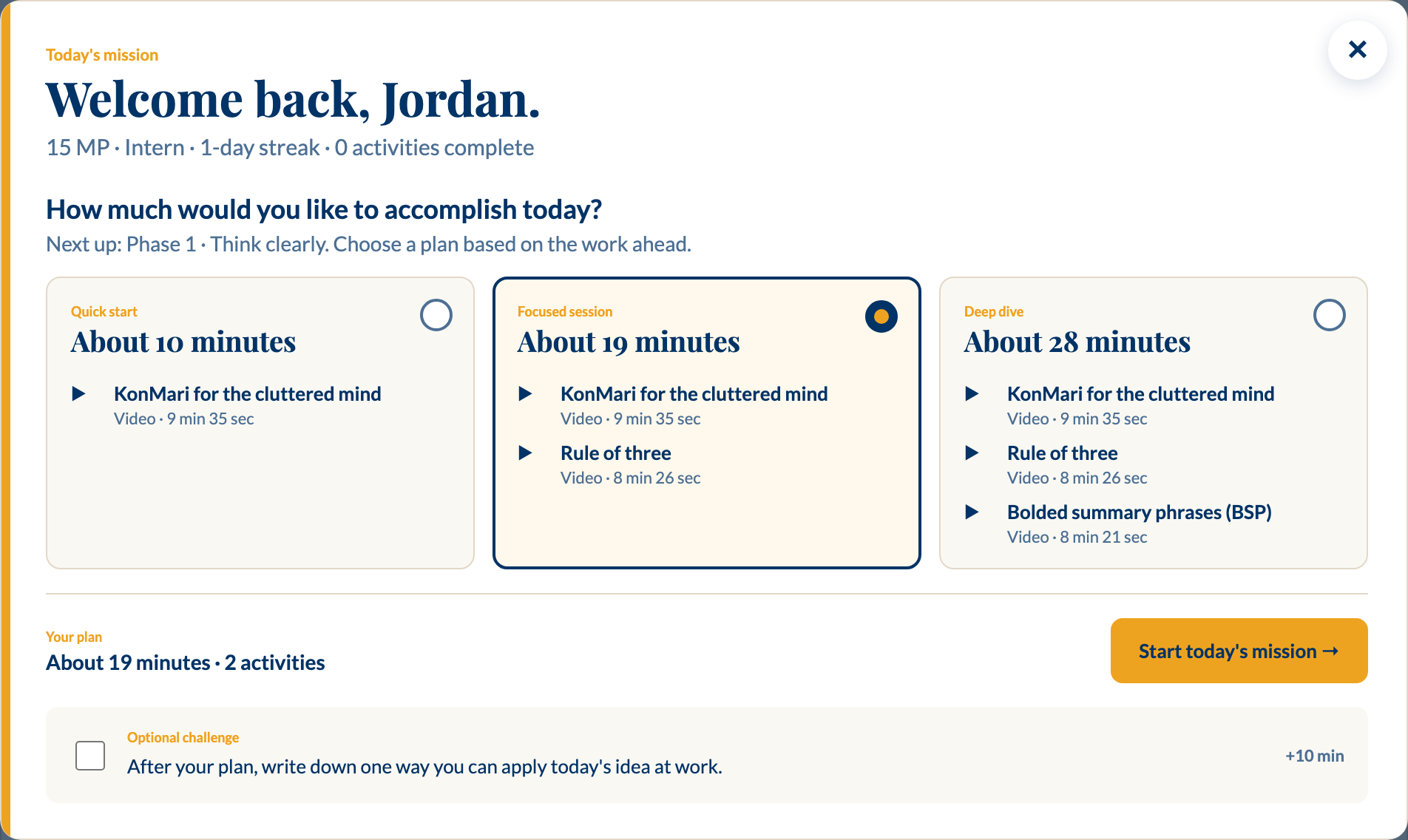 Daily mission picker with quick start, focused session and deep dive options